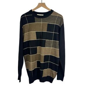 PRONTO UOMO Men's Wool Blend Graphic Sweater Pullover Crewneck Black Brown L 90s